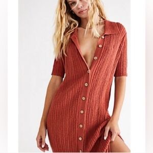 Free People Beach Riding Waves Ribbed Knit Button Front Midi Dress Large Boho